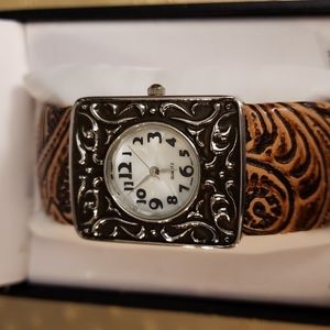 Textured Silver Tone and Brown Cuff Watch